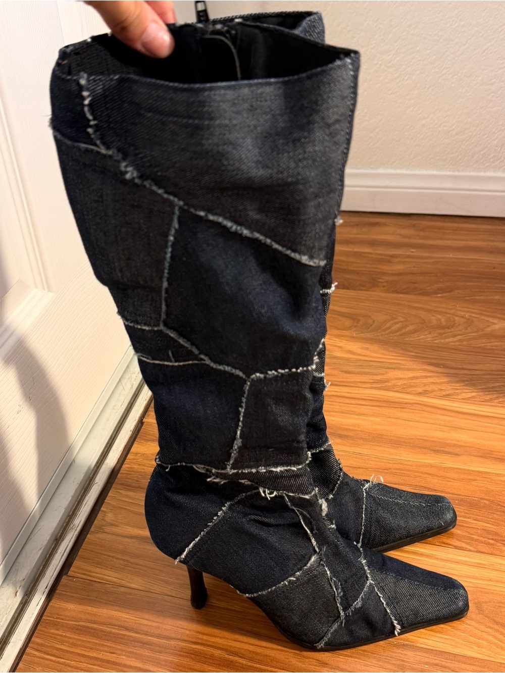 Y2K Candies patchwork denim high boots with pointed toe and heel